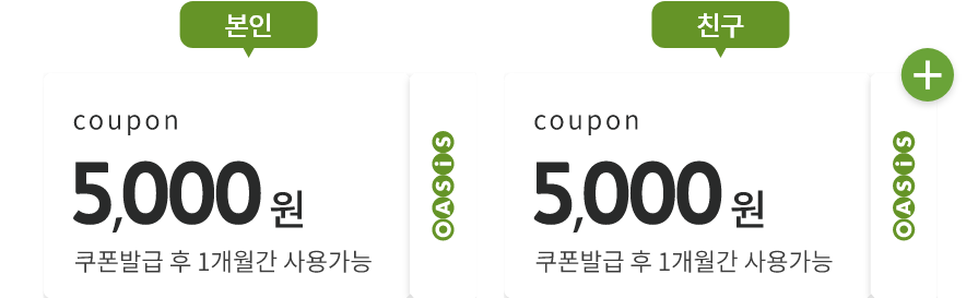 본인: 5,000원 쿠폰 (쿠폰 발급 후 1개월간 사용가능) / 친구: 5,000원 쿠폰 (쿠폰 발급 후 1개월간 사용가능)